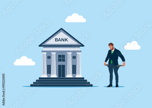 Financial debt. Bank tighten belt with upset businessman showing empty pockets with no money. Loan repayment, installment plan. Agreement borrow money from bank, mortgage, debt