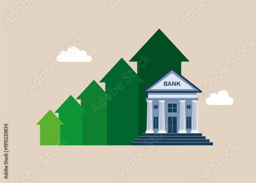Green up arrows and bank. Bank strategy. Flat vector illustratio
