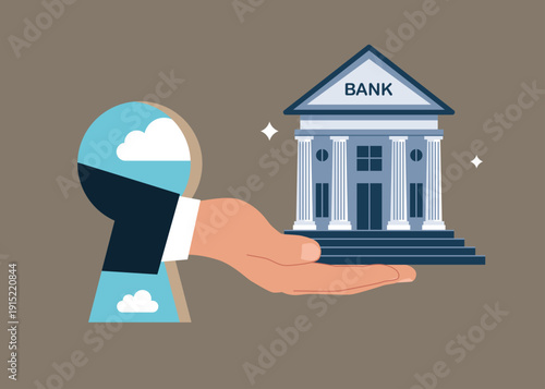 Bank in the palm of your hand. Career advancement, job promotion.  Flat vector illustration.