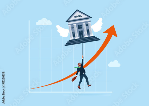 Flying bank floats higher. Savings are growing. Modern vector illustration in flat style