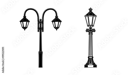 "Retro Street Lantern and Urban Light Post Set, isolated on transparent background"