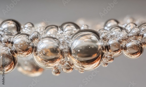 Macro photograph of mineral water bubbles in glass, realistic refraction and light distortion, neutral background