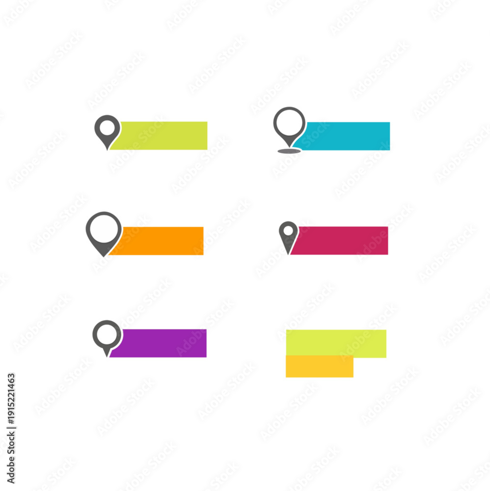 Fototapeta premium Set of five minimalist location pin infographic banners with colorful text boxes. Modern flat vector map markers in lime, blue, orange, red, purple.