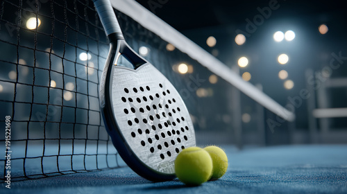 Ultra realistic cinematic front view shot of a padel racket leaning against the center net of a blue padel court, camera positioned straight in front at low height (eye-level with