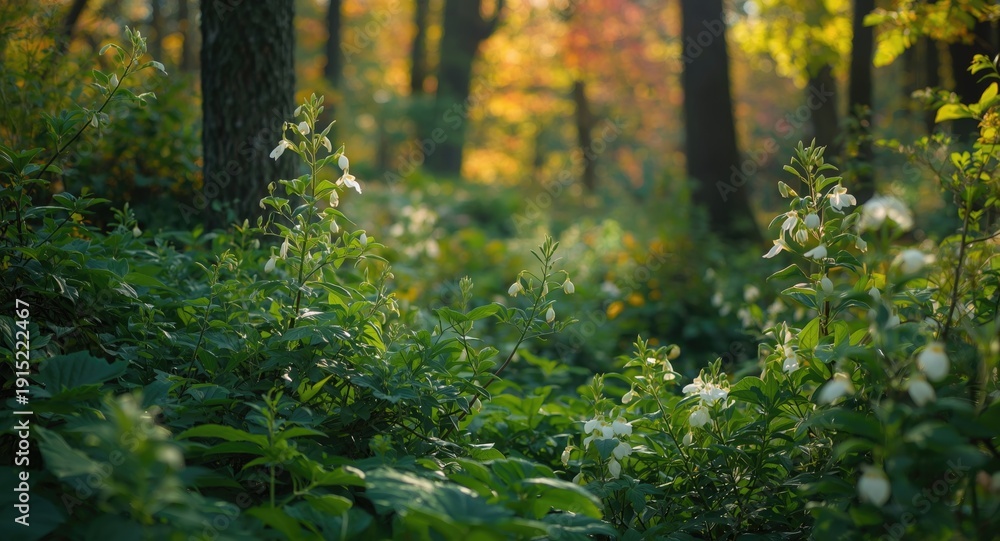 Fototapeta premium Lush green forest garden featuring delicate white flowers amid colorful seasonal backdrop