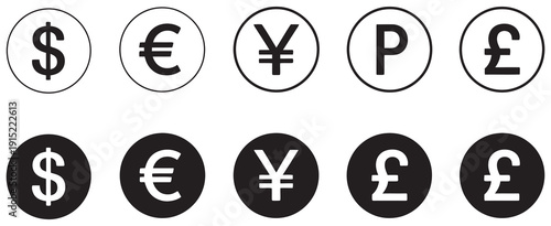 Popular currency symbol set, money icon vector illustration, global financial symbols, currency icons pack, banking, payment, economy, trade graphics