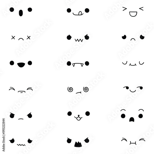 Hand-drawn doodle set of kawaii faces on a white background.