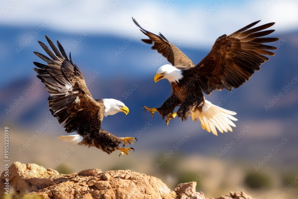 Obraz premium Two Eagles Engaging in a Fierce Mid-Air Combat Over Territory