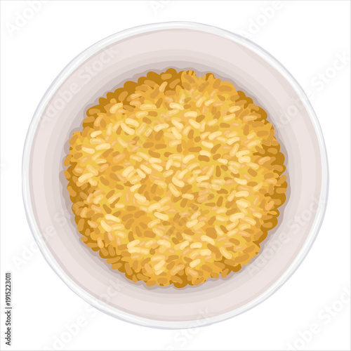 Rice in bowl top view vector hand drawn illustration. Healthy food cartoon drawing for cafe menu and restaurant template. Isolated dish culinary design perfect for delivery poster graphic.