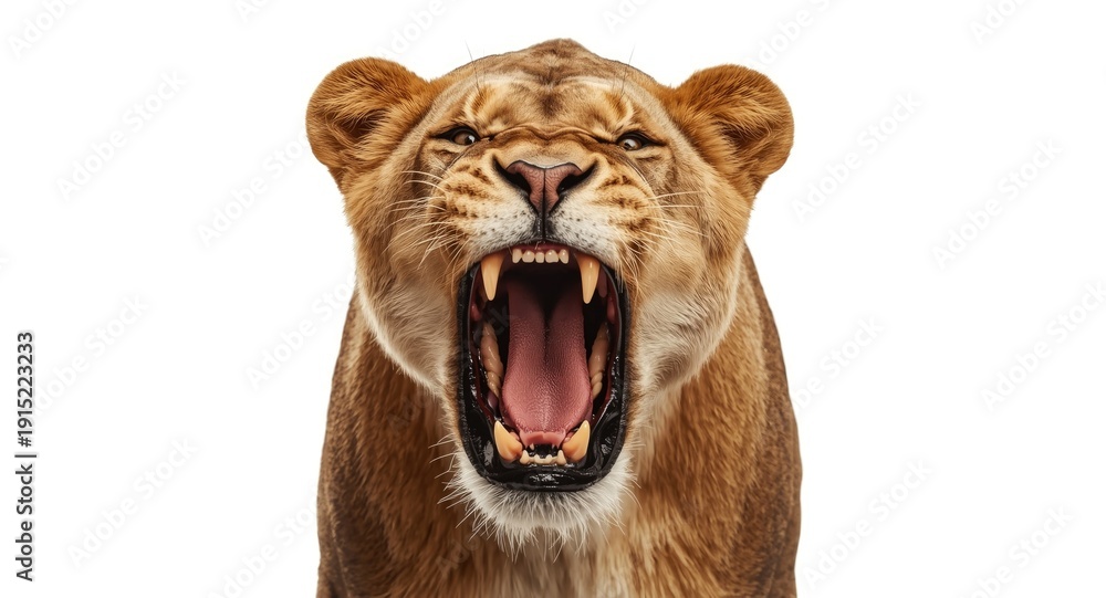 Obraz premium Close up image of a roaring lioness showing bold stance on pure white background