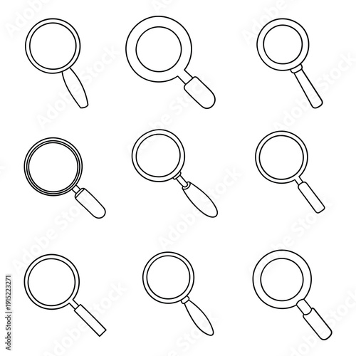 Hand-drawn doodle set of magnifying glasses on a white background.