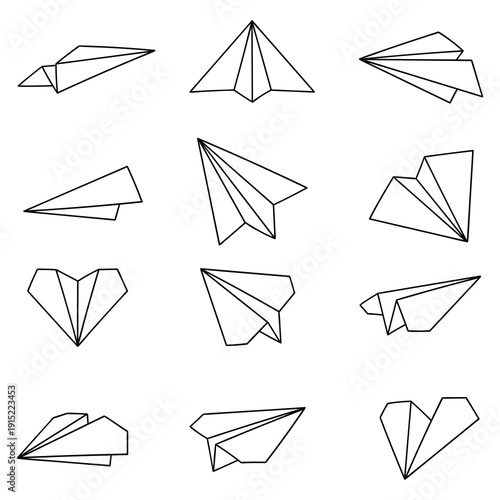 Hand-drawn doodle set of paper origami airplanes on a white background.