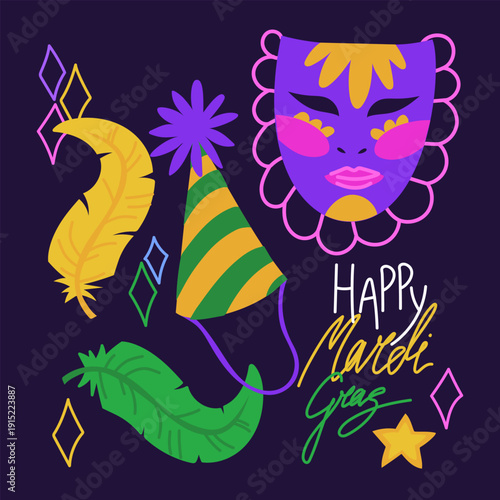 Happy Mardi Gras banner with carnival mask, feathers and party hat. Flat illustration for festival posters, celebration greeting cards or masquerade event invitations