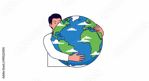 Illustration of a man hugging the Earth with a white background and a colorful globe with blue oceans, green land, and white clouds.
