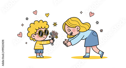 Cartoon illustration of a child giving a flower to a woman with hearts and stars around them isolated on transparent background