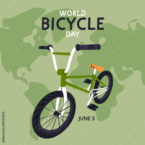 World Bicycle Day banner with green bmx bike and world map. Flat illustration for extreme sport posters, healthy lifestyle cards or 3 June ecological transport banners. Square with an shadow of ground