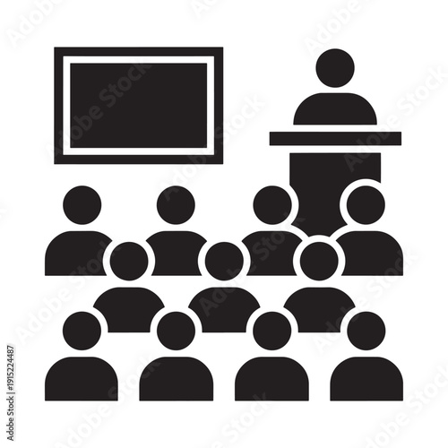 Simple black icon depicting a lecture hall with a professor and students