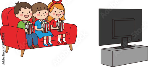 Cartoon Illustration of Three Young Children Sitting on a Red Sofa Eating Popcorn and Watching Television for Family Home Entertainment and Lifestyle Designs