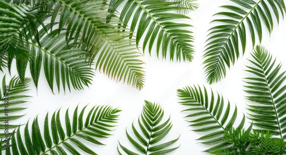 Obraz premium Dense tropical fern fronds with long arching leaves set on minimal white backdrop for overlay