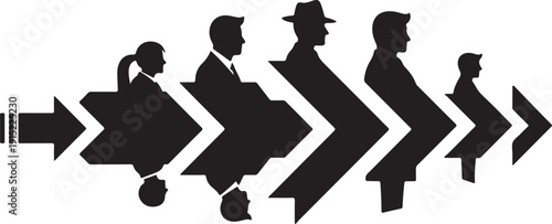 Silhouette of people with various directional arrows isolated