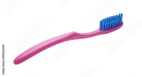 A pink and purple toothbrush with blue bristles lying on a white background