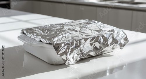 White ceramic baking dish covered with shiny foil on kitchen counter