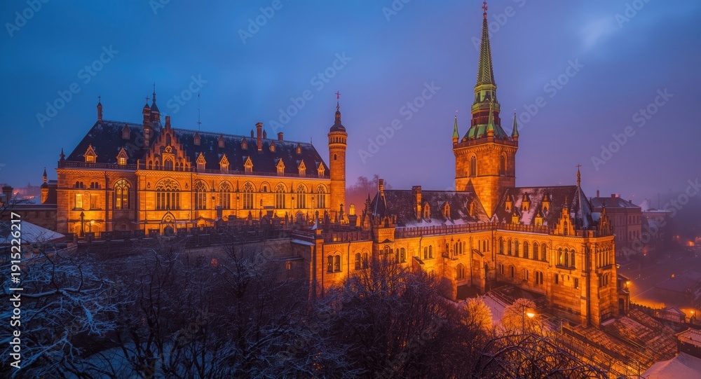 Obraz premium Beautifully illuminated fortress and cathedral at dusk during the winter holiday season
