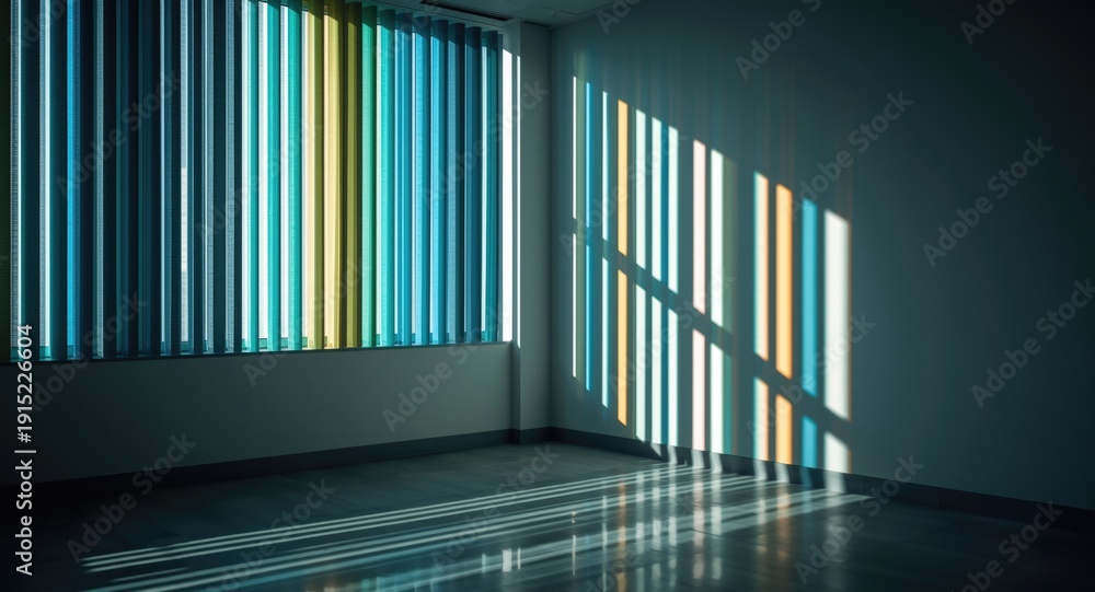 Obraz premium Sunlit work area featuring colorful vertical blinds and shadow patterns
