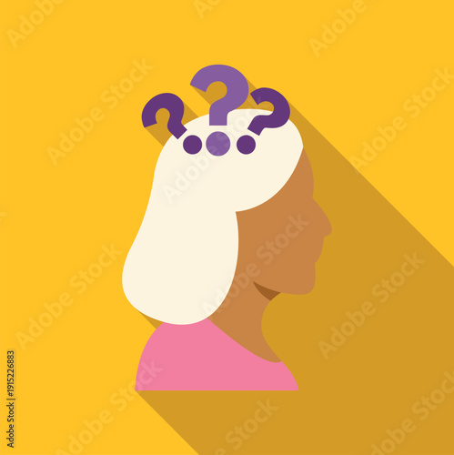 Woman's head with question marks symbolizing thinking, confusion, and doubt