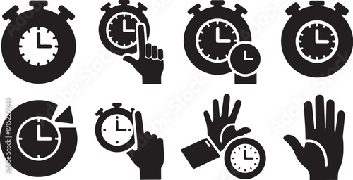 Black and white clock and hand time icons set