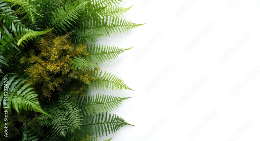 Obraz premium Tropical fern shrub and moss plants isolated on a white background for editorial projects