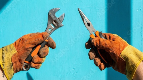 Hands wearing durable orange and yellow work gloves holding plumbing and electrical hand tools.