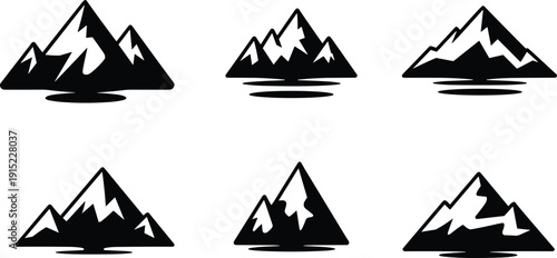 Collection of black mountain icons in silhouette style, minimalist snowcapped peaks and alpine landscape vector set isolated on light background for branding and design