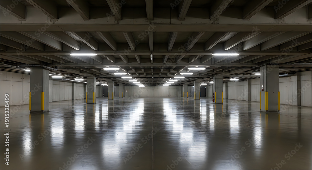Fototapeta premium Empty industrial basement with polished concrete floor and fluorescent lighting