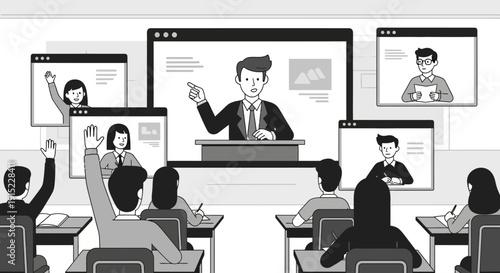 Students engaged in a hybrid learning environment with a teacher.