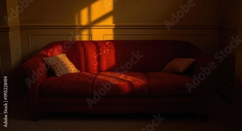 Old red sofa resting in a cozy yellow shadowed room