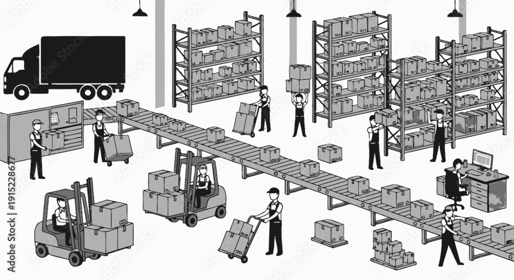 Fototapeta premium Warehouse operations with workers forklifts and conveyor belts for efficient logistics.
