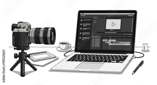 Professional video editing setup with camera and laptop.