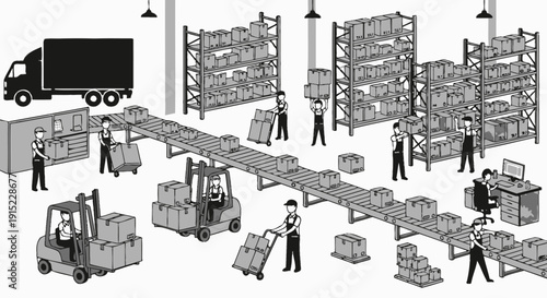 Warehouse operations with workers forklifts and conveyor belts for efficient logistics.