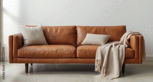 Stylish loft living space with leather sofa, soft cushions, and a blanket draped elegantly