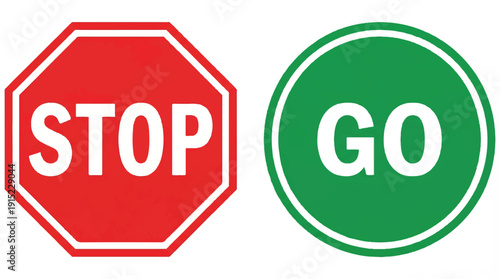 Red stop and green go traffic signs on white background
