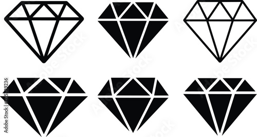 Diamond icon set in black silhouette and outline styles, minimalist geometric gemstone vector collection isolated on light background for luxury branding design