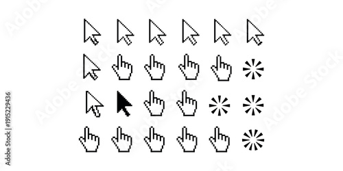 Black and white pixel cursor and hand pixel cursor hand computer mouse pointing hands user interface