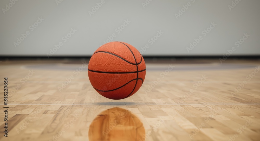 Obraz premium Side view of official orange basketball bouncing on waxed hardwood sports court