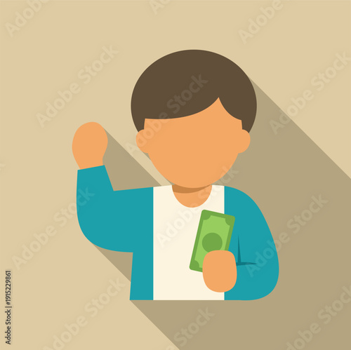 Boy presenting cash, celebrating personal finance, savings, or payment accomplishment