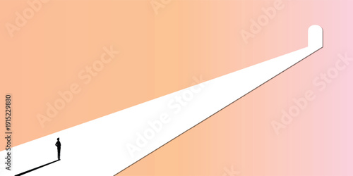 A lone figure walks along a narrowing path towards a distant light, symbolizing a journey or future.