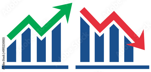 Graph blue going down up green red arrow icon set, vector design, market trend icons, business finance analytics, investment chart symbols