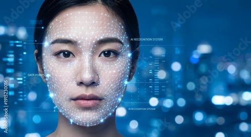Young Asian woman with facial recognition technology overlay against blurred city lights background for biometric security and AI identification systems.