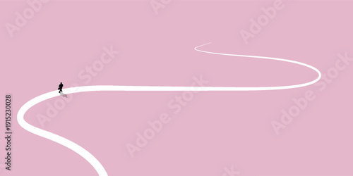 A lone figure walks along a winding white path on a minimalist pink background, symbolizing a journey or a new direction.