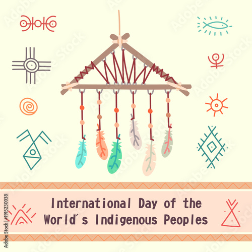 International Day of the Worlds Indigenous Peoples banner with ethnic dreamcatcher and symbols. Flat illustration for cultural holiday posters, social media cards or heritage projects